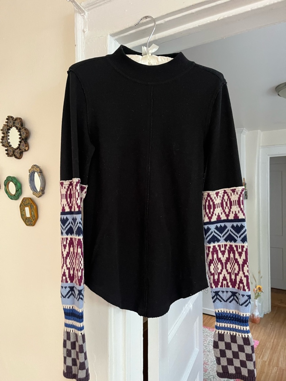 Free People Black Sweater Top with Patterned Long Sleeves